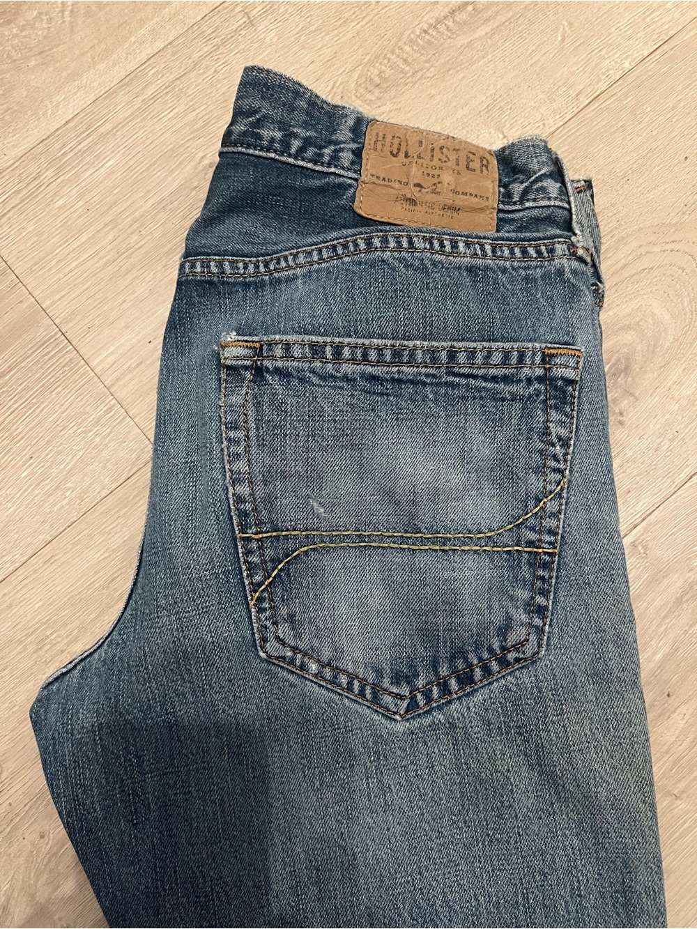 Hollister Men’s Light Blue Slim Straight Jeans with Leather Patch
